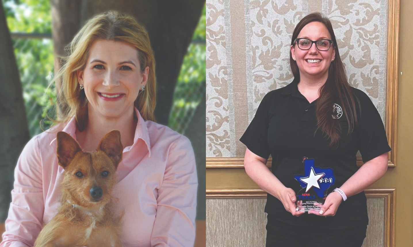 One SHSU alumni holds up her dog. Another holds an award.